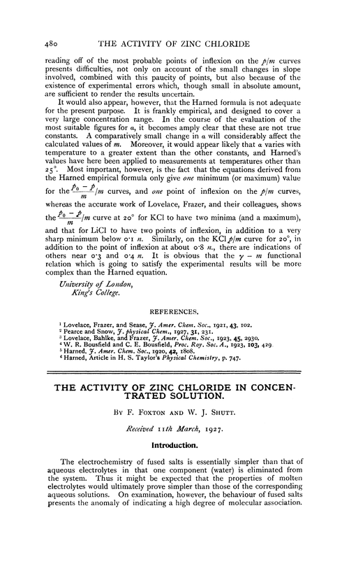 The activity of zinc chloride in concentrated solution