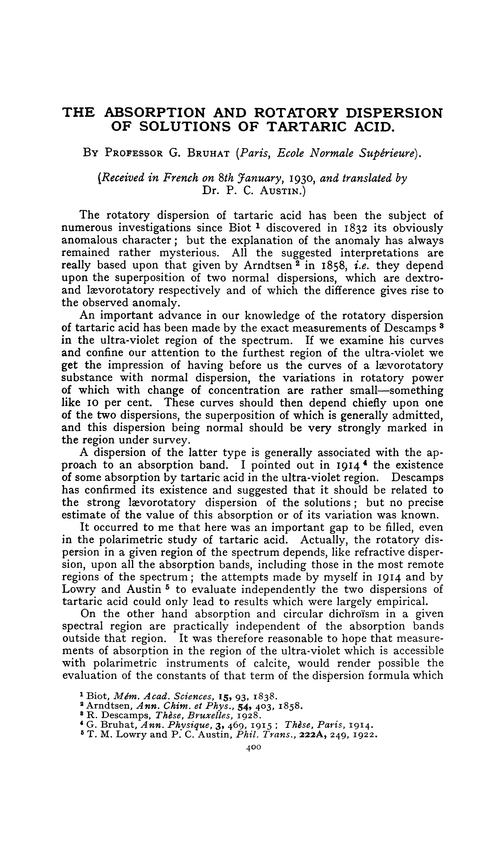 The absorption and rotatory dispersion of solutions of tartaric acid