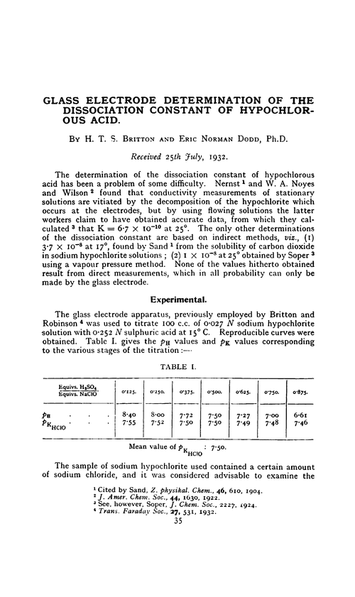 Glass electrode determination of the dissociation constant of hypochlorous acid