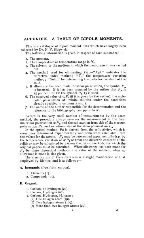 Appendix. A table of dipole moments