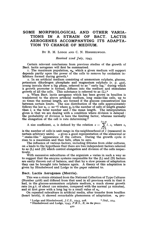 Some morphological and other variations in a strain of Bact. lactis aerogenes accompanying its adaptation to change of medium