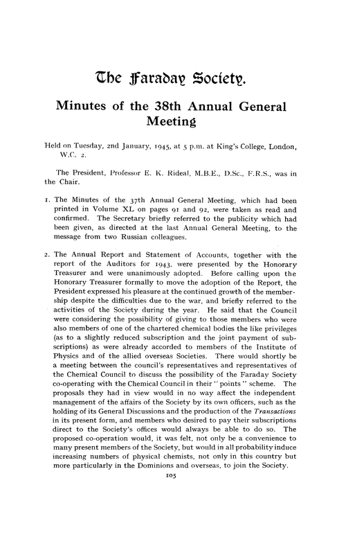 The Faraday Society. Minutes of the 38th Annual General Meeting