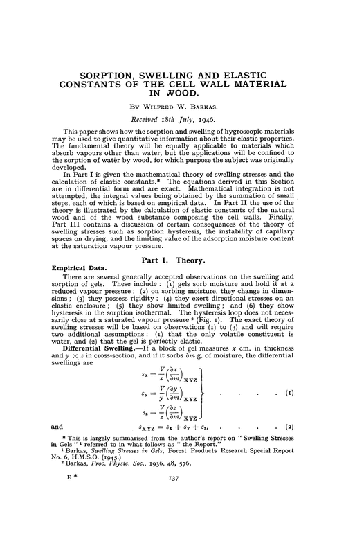 Sorption, swelling and elastic constants of the cell wall material in wood