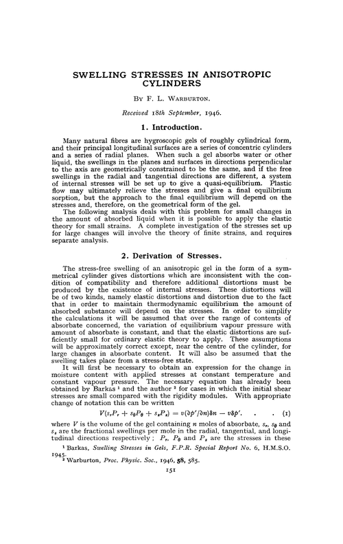 Swelling stresses in anisotropic cylinders