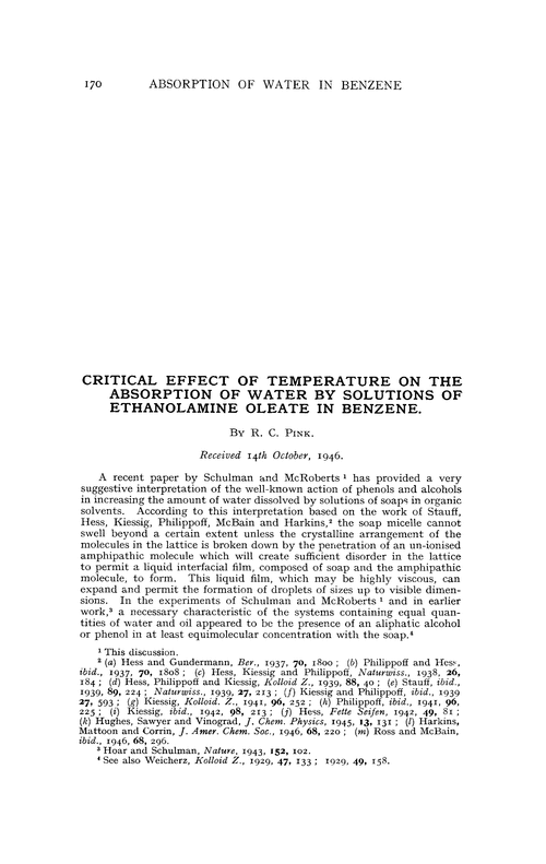 Critical effect of temperature on the absorption of water by solutions of ethanolamine oleate in benzene