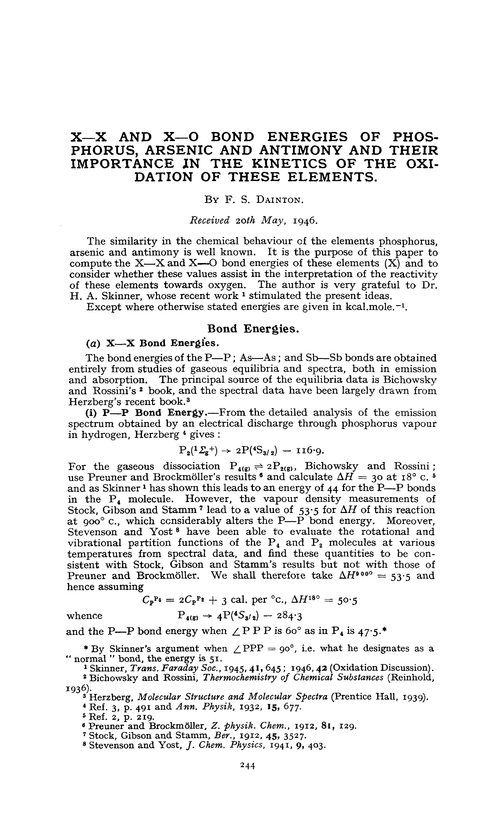 X—X and X—O bond energies of phosphorus, arsenic and antimony and their importance in the kinetics of the oxidation of these elements