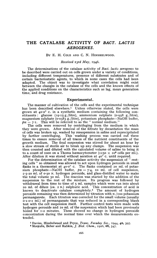 The catalase activity of Bact. lactis aerogenes