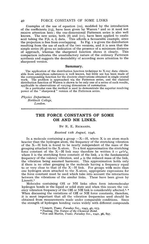 The force constants of some OH and NH links