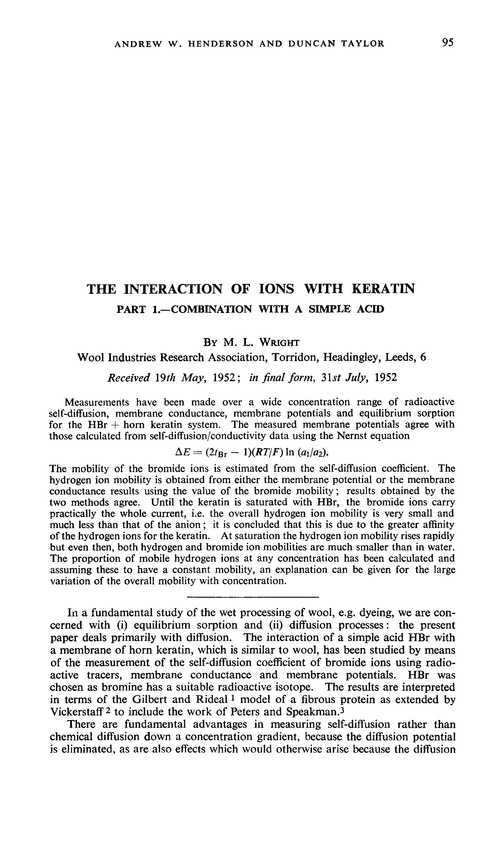 The interaction of ions with keratin. Part 1.—Combination with a simple acid