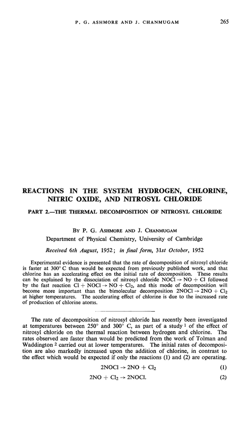 Reactions in the system hydrogen, chlorine, nitric oxide, and nitrosyl chloride. Part 2.—The thermal decomposition of nitrosyl chloride