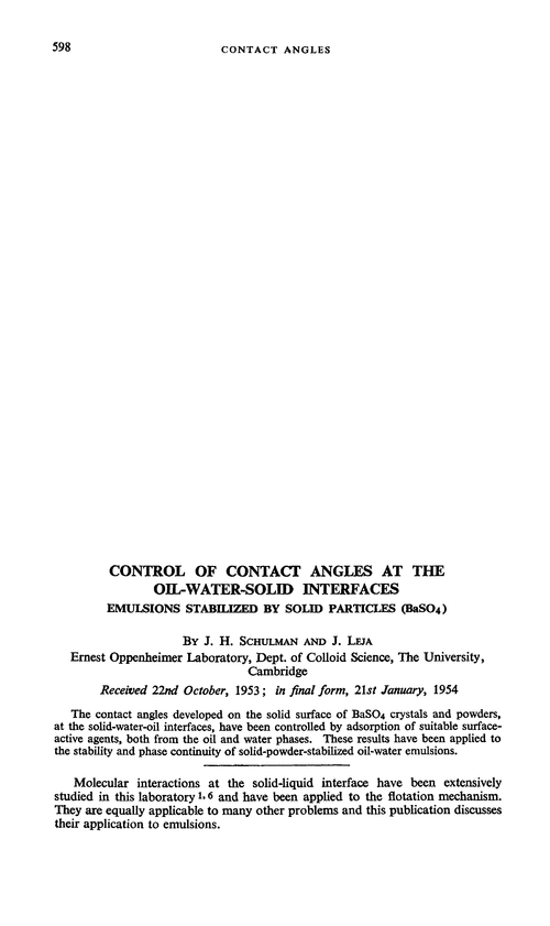 Control of contact angles at the oil-water-solid interfaces. Emulsions stabilized by solid particles (BaSO4)