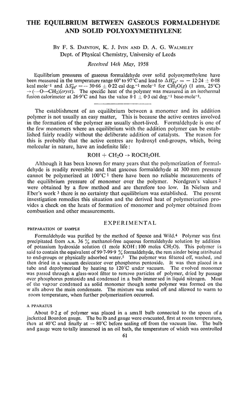 The equilbrium between gaseous formaldehyde and solid polyoxymethylene